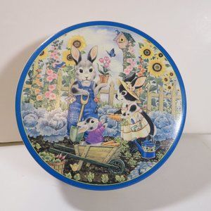 Easter Rabbit Bunny Family Gardening Sunflowers & Birdhouse Tin Metal Circle